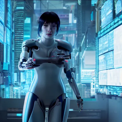 Image similar to film still of a female cyborg in new ghost in the shell sequel, cinematic lighting, high resolution, 4 k - w 6 4 0