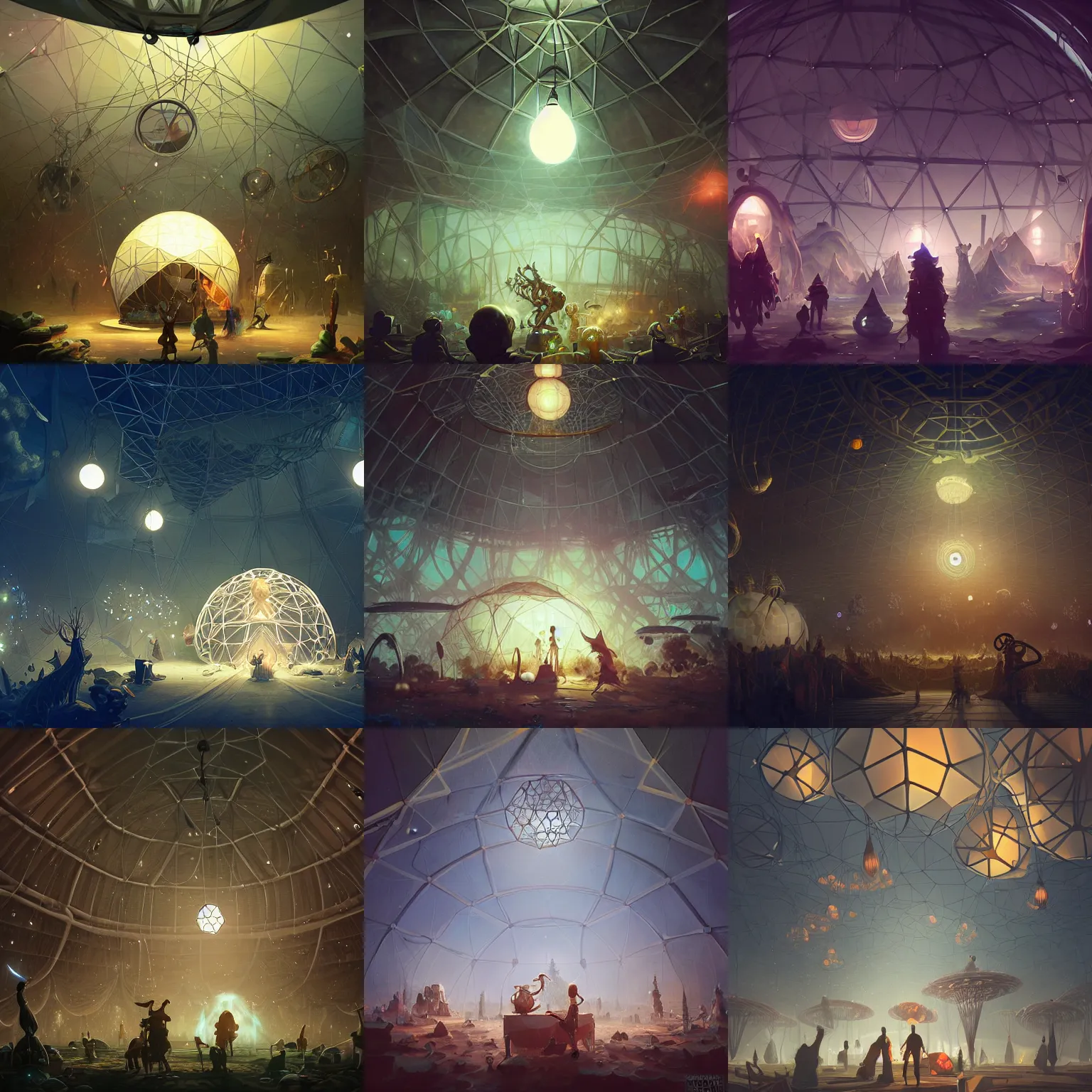 Prompt: orchestra playing in a geodesic dome, hanging light fixtures, light dust, by peter mohrbacher dan mumford craig mullins nekro, cgsociety, pixiv, volumetric light, 3 d render