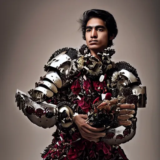 Prompt: a portrait of a beautiful young mexican male wearing an alexander mcqueen armor made of orchids , photographed by andrew thomas huang, artistic