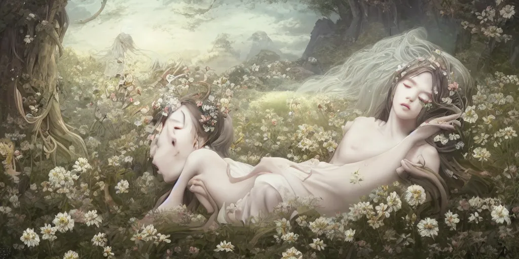 Prompt: breathtaking detailed concept art painting of the sleeping in field goddess of white flowers, orthodox saint, with anxious, piercing eyes, ornate background, amalgamation of leaves and flowers, by Hsiao-Ron Cheng, James jean, Miho Hirano, Hayao Miyazaki, extremely moody lighting, 8K