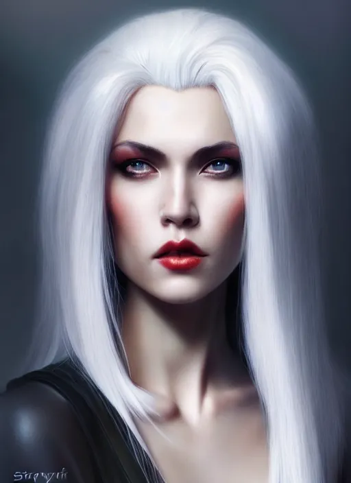 Prompt: photo of gorgeous woman with half red half white hair in the style of stefan kostic, realistic, half body shot, sharp focus, 8 k high definition, insanely detailed, intricate, elegant, art by stanley lau and artgerm, foggy backgeound