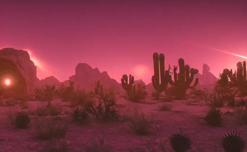 Image similar to a beautiful render of a sci - fi scientific industrial facility localized in a desert cave, cacti, patches of yellowish - red - magenta sky, sunset lighting, detailed, hazy, dry, volumetric lighting, god rays, 8 k, photorealistic, raytracing effects, rtx on