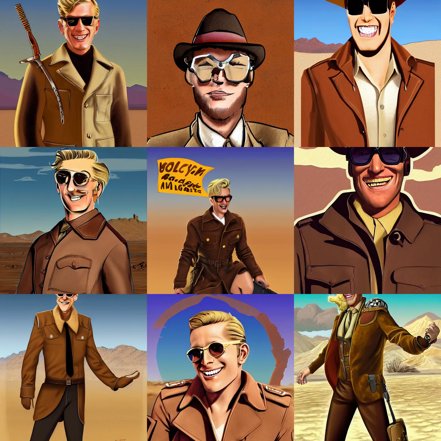 Prompt: digital art of a handsome blonde man grinning wearing a brown duster jacket and glasses in the mojave desert, based off fallout : new vegas ncr armor by tony moore and gil elvgren