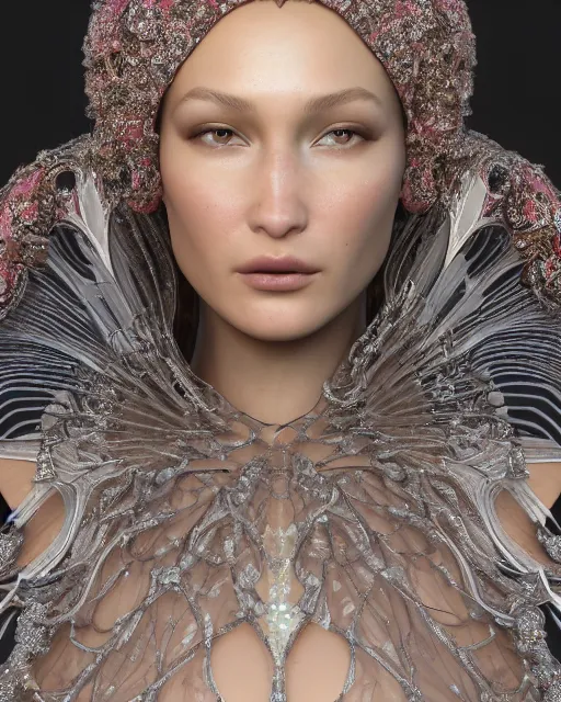 Image similar to a highly detailed metahuman 8 k close up render of bella hadid with a veil on her head and face renaissance in iris van herpen dress schiaparelli in diamonds crystals swarovski and jewelry iridescent in style of alphonse mucha trending on artstation made in unreal engine 4