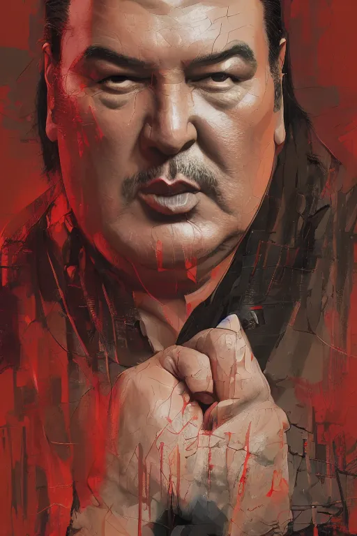 Prompt: sad steven seagal full body portrait in handcuffs, intricate, highly detailed, digital painting, artstation, concept art, smooth, sharp focus, illustration, whimsical background by marc simonetti, artwork by liam wong, patriotic