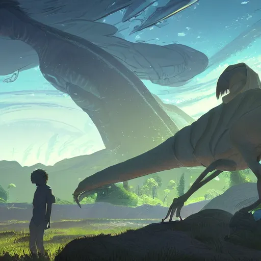 Image similar to concept art painting of an alien world full of alien dinosaurs, detailed, cel shaded, in the style of makoto shinkai and moebius and james gurney