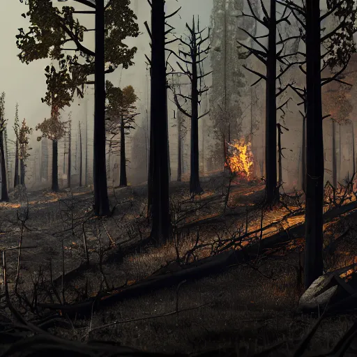 Image similar to a burned lifeless forest, with burned trees, concept art, cinematic, Christian Alzmann on ArtStation, CGSociety, Unreal Engine