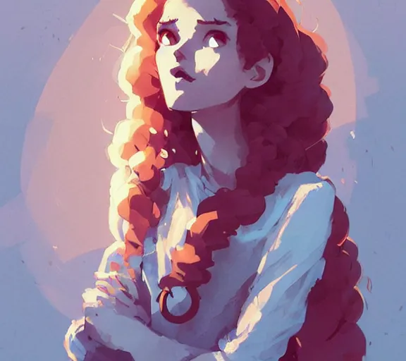 Prompt: portrait woman with long ginger curly hair, dress with runes, by atey ghailan, by greg rutkowski, by greg tocchini, by james gilleard, by joe fenton, by kaethe butcher, by ashley wood, dynamic lighting, gradient light blue, brown, blonde cream and white color scheme, grunge aesthetic