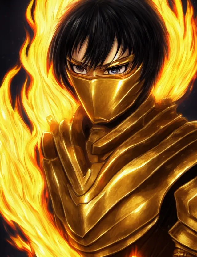 Image similar to a detailed manga portrait of a black haired man with hazel eyes in gleaming golden armour that burns with golden fire, trending on artstation, digital art, 4 k resolution, detailed, high quality, sharp focus, hq artwork, coherent, insane detail, character portrait