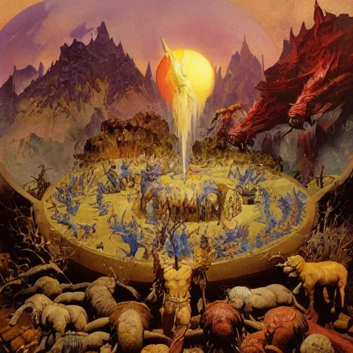 Prompt: a high quality museum collection oil painting of the circle of druids creating the world at the dawn of time, by frank frazetta and moebius