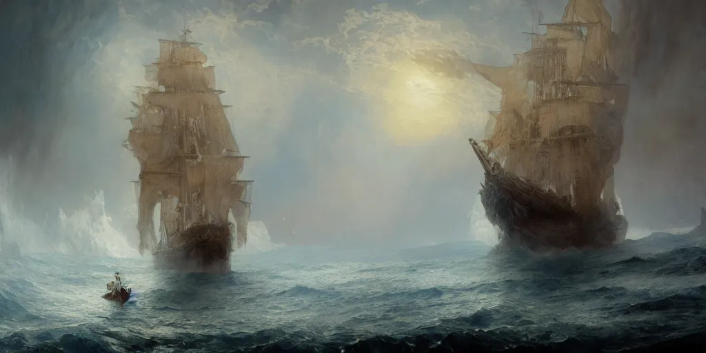 Prompt: a beautifull intricate digital painting of rime of the ancient mariner, samuel taylor coleridge, iron maiden, reflexions, verry high details by william turner art, greg rutkowski and alphonse mucha, trending on artstation, very very detailed, masterpiece, vibrant colors, cinematic frame, high contrast,