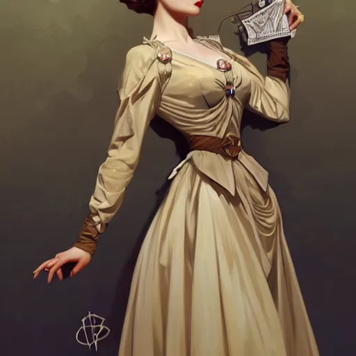 Prompt: a woman dressed in 1940's fashion, D&D, fantasy, intricate, elegant, highly detailed, digital painting, artstation, concept art, matte, sharp focus, illustration, art by Artgerm and Greg Rutkowski and Alphonse Mucha