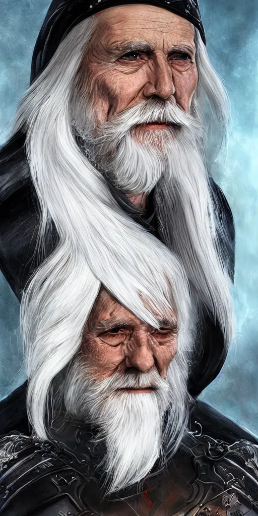 Image similar to an 8 0 year old man with long white hair and a white beard poses in his black armor and sword, art by artgerm