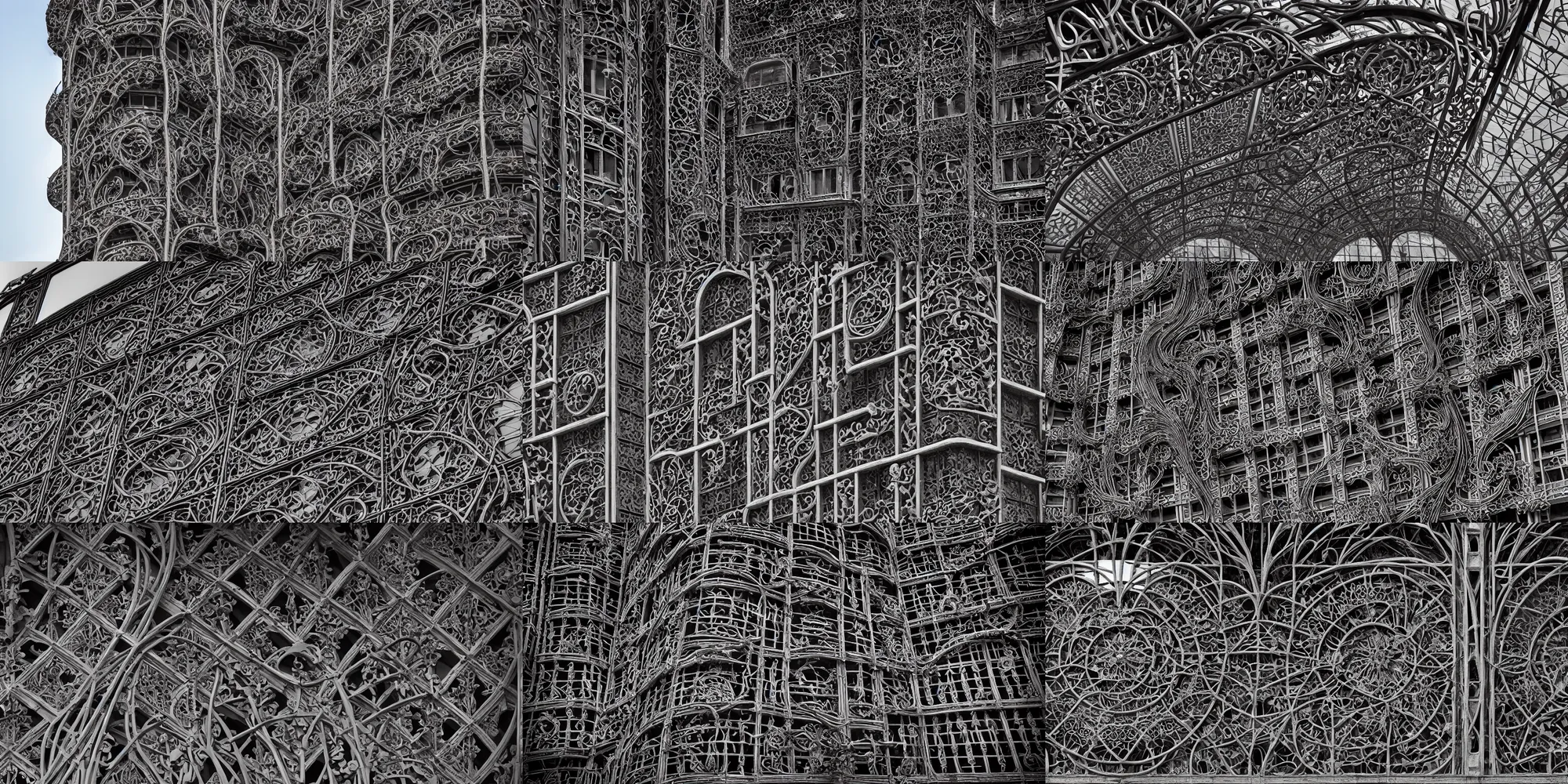 Image similar to elevational photograph of a modern building by Louis Sullivan and H.R. Giger covered in black ironwork vines, Sigma 75mm, ornate, very detailed, hyperrealistic, liminalspaces, Symmetrical composition, centered, intricate, Extreme Long Shot, Dynamic Range, HDR, chromatic aberration, Orton effect, 8k