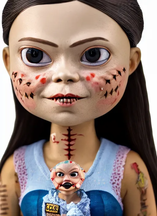 Image similar to closeup face profile portrait of tin toy greta thunberg as a vampire, bikini, depth of field, zeiss lens, detailed, symmetrical, centered, fashion photoshoot, by nicoletta ceccoli, mark ryden, lostfish, breathtaking, 8 k resolution, extremely detailed, beautiful, establishing shot, artistic, hyperrealistic, octane render