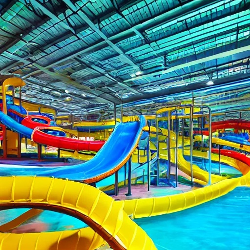 Prompt: empty indoor children's water park with water slides, night time, hazy, dream - like