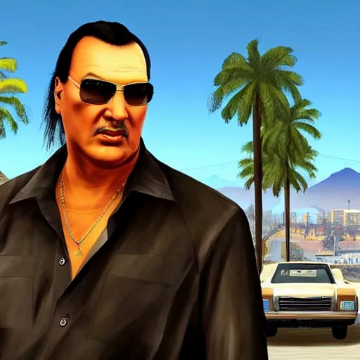 Prompt: Steven Seagal in GTA V . Los Santos in background, palm trees. in the art style of Stephen Bliss