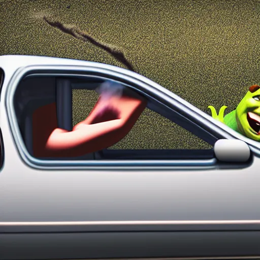 Image similar to Shrek smoking a blunt out the window while drifting around the corner in his Toyota AE86, 8k photography, ultra realistic, high definition