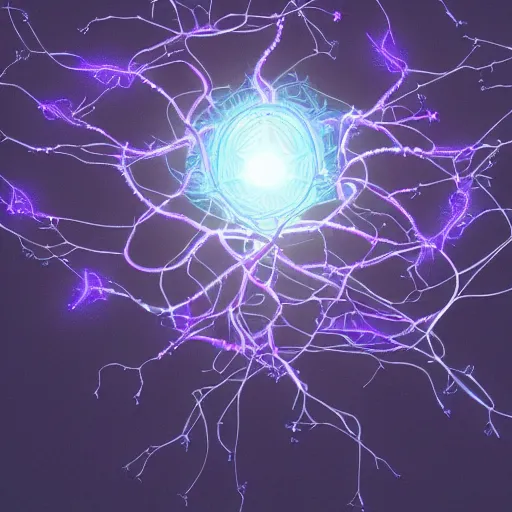 Prompt: biological neuron in the center, iridescent radiant light in darkness, digital painting, artstation, dark purple and blue color