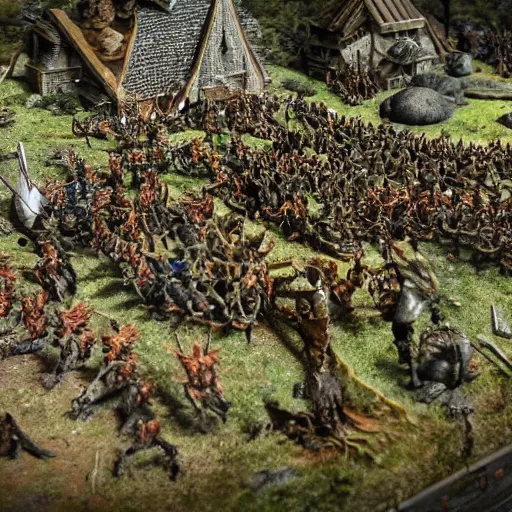 Image similar to photo taken of an epic intricate extremely detailed battlefield diorama, with highly detailed, exquisitely weathered 3 d printed characters. an army of high elves battling a horde of orcs, dragon fly overhead, macro shot, photorealistic, sharp focus, f 0. 4, golden ratio, soft light, 3 9 0 0 k