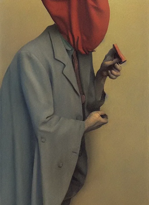 Prompt: man with a paper bag over the head and a sward Edward Hopper and James Gilleard, Zdzislaw Beksinski, Steven Outram highly detailed