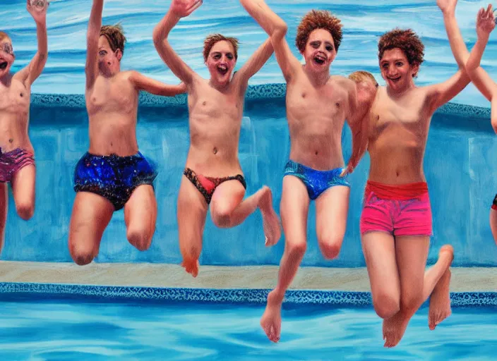 Image similar to photorealistic painting of a group of teens in the moment of jumping into a pool, digital art, subtle painting, subtle hues, some edges lost