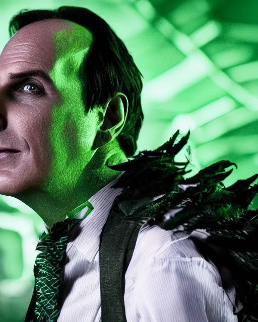 Image similar to Will Arnett as Beetlejuice, green hair, cinematic lighting, 4k photograph