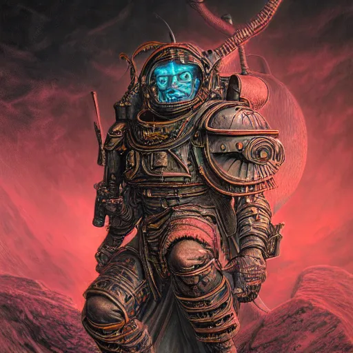 Image similar to photorealistic warhammer 4 0, 0 0 0 in the style of michael whelan and gustave dore. hyperdetailed photorealism, 1 0 8 megapixels, fully clothed, lunar themed attire, amazing depth, glowing rich colors, powerful imagery, psychedelic overtones, 3 d finalrender, 3 d shading, cinematic lighting, artstation concept art