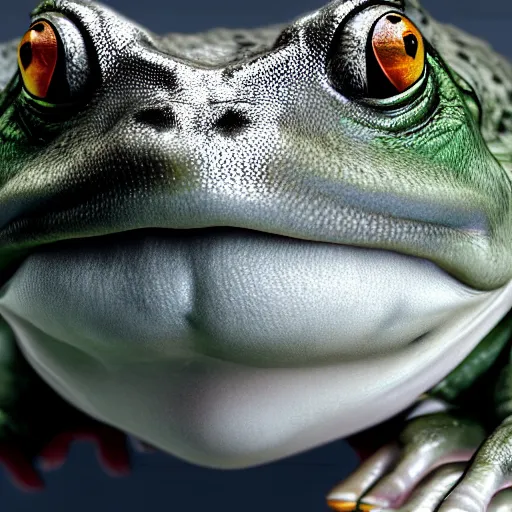 Image similar to hyperrealistic mixed media image of bullfrog with face info wars alex jones, stunning 3 d render inspired art by xiang duan and thomas eakes, perfect facial symmetry, hyper realistic texture, realistic, highly detailed attributes and atmosphere, dim volumetric cinematic lighting, 8 k octane detailed render, post - processing, masterpiece,