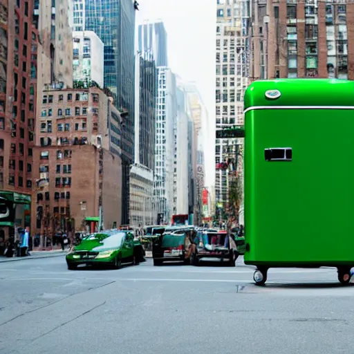 Image similar to green refrigerator flying, floating, hovering above new york city