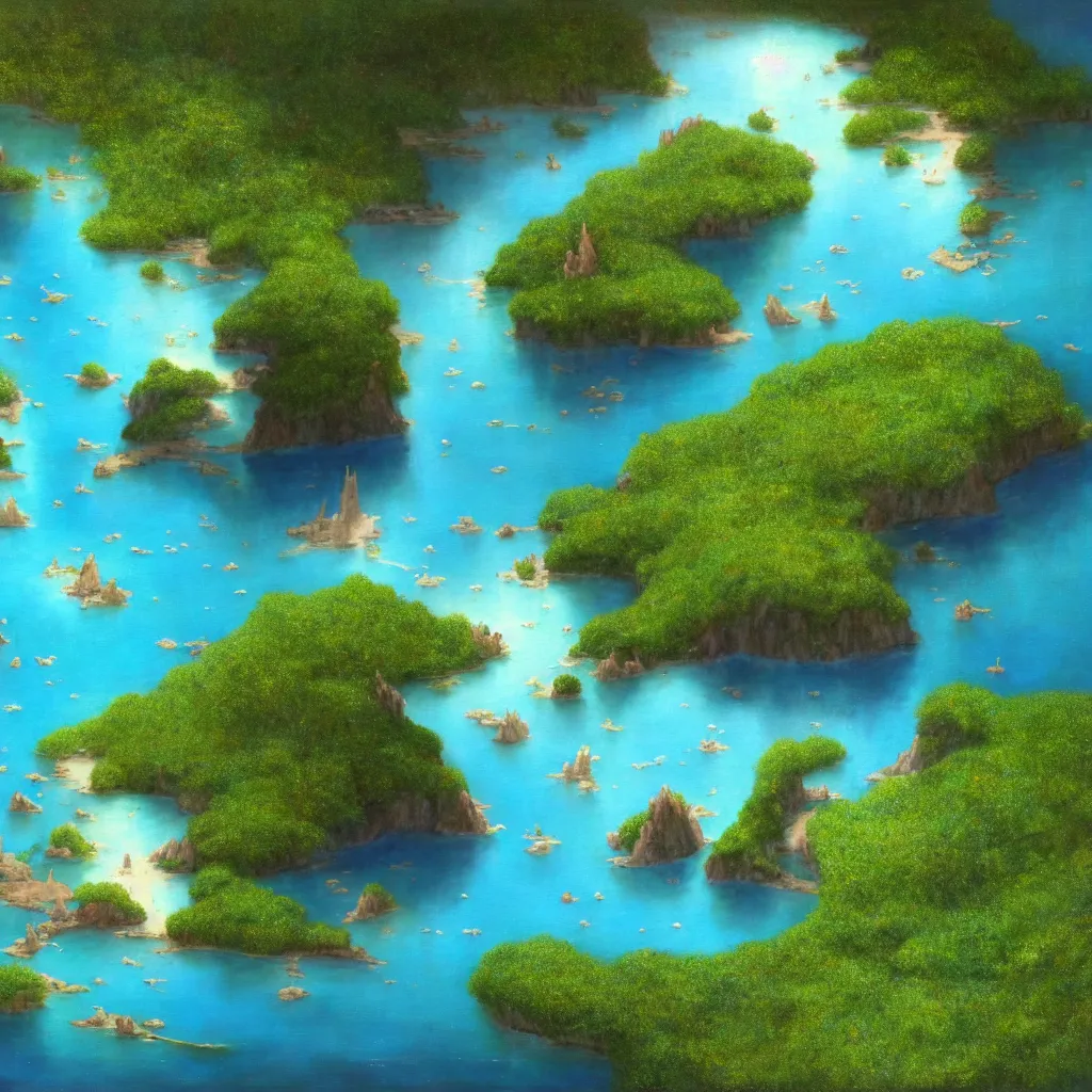 Image similar to a photo of fantasy exotic green heart - shaped island with blue lagoon, tranquil scene, aerial view by gaston bussiere, anna nikonova aka newmilky, greg rutkowski, yoji shinkawa, yoshitaka amano, tsutomu nihei, muira, moebius, donato giancola, trending on artstation, featured on pixiv