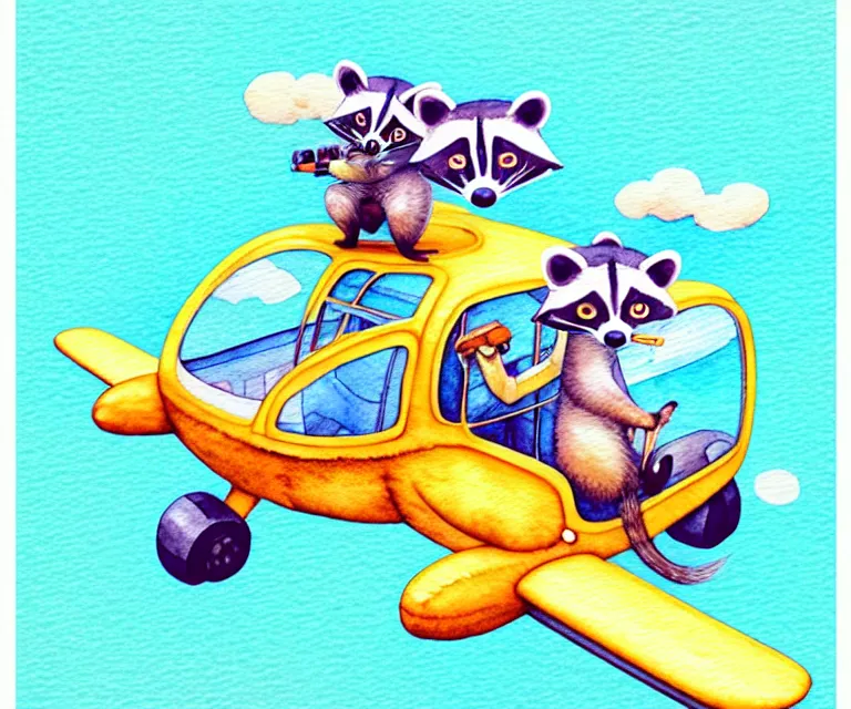 Prompt: cute and funny, racoon riding in a tiny airplane with oversized engines, centered award winning watercolor pen illustration, isometric illustration by chihiro iwasaki, edited by range murata, tiny details by artgerm and watercolor girl, symmetrically isometrically centered