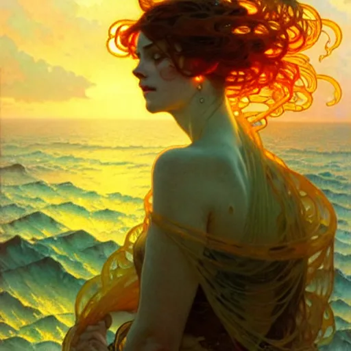 Image similar to sea of glossy liquid honey drops flowing like translucent amber, backlit, sunset, refracted lighting, art by collier, albert aublet, krenz cushart, artem demura, alphonse mucha