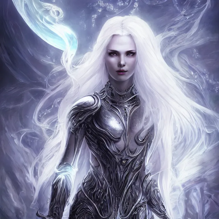 Prompt: beautiful cinematic fantasy poster, sci-fi, semi-transparent, beautiful female ghost with brilliant silver flowing hair and a brilliant jeweled silver helm, beautiful white glowing eyes, wideshot ultrawide angle epic scale, hybrid from The Elden Ring and art direction by Darius Zawadzki ;by artgerm; wayne reynolds art station; cinematic quality character render; low angle; ultra high quality model; production quality cinema model;