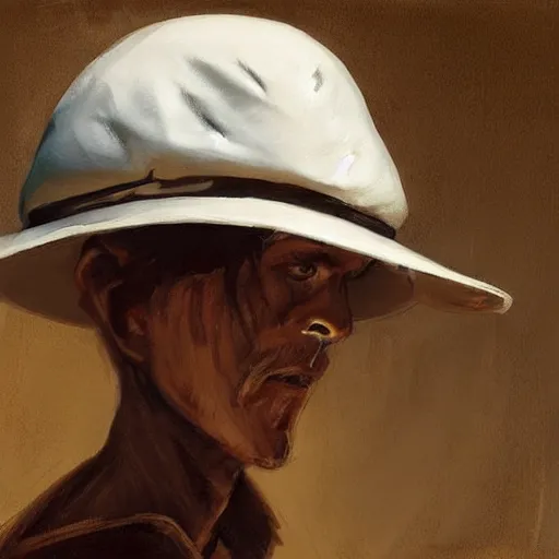 Image similar to just a white boonie hat in a wooden table. by Craig mullins, Steve Purcell, Ralph McQuarrie. Trending on artstation. Centered image