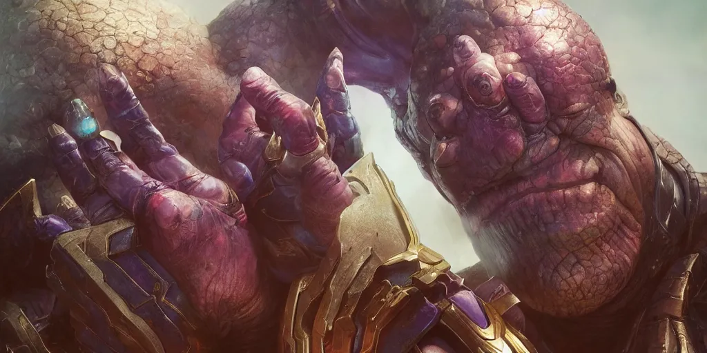 Prompt: Waya Steurbaut as thanos, marvel, dark, intricate, highly detailed, smooth, artstation, digital illustration by Ruan Jia and Mandy Jurgens and Artgerm and Wayne Barlowe and Greg Rutkowski and Zdislav Beksinski, high resolution film render 100k, photo realistic, epic, colourful close up shot