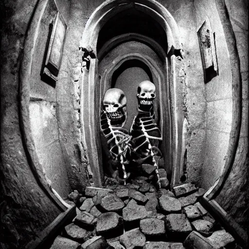 Image similar to 5 living undead skeletons emerging from a pile of brown shit and dirt in the bottom of a very dark well. swords in their hands. circular room. stone walls. bright runic symbols in wooden doors. wide angle. trending on artstation, craig mullins, gopro lens.