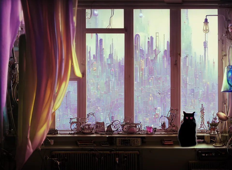 Prompt: telephoto 7 0 mm f / 2. 8 iso 2 0 0 photograph depicting the feeling of chrysalism in a cosy cluttered french sci - fi ( art nouveau ) cyberpunk apartment in a pastel dreamstate art cinema style. ( cat, computer screens, window ( city view ), sink, lamp ( ( ( fish tank ) ) ) ), ambient light.