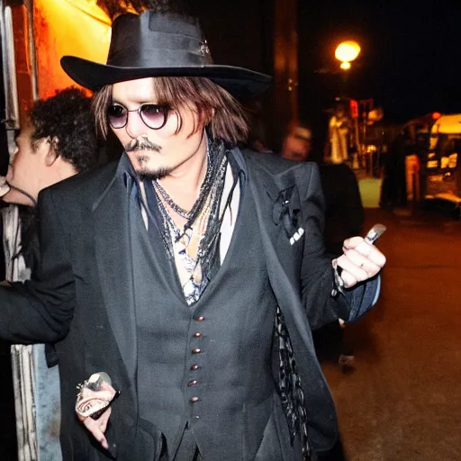 Prompt: johnny depp stumbling out of a bar at 3 am