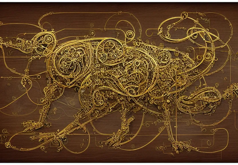 Prompt: schematic blueprint of highly detailed ornate filigreed convoluted ornamented elaborate cybernetic rat, wide wooden frame with gold leaf, art by da vinci