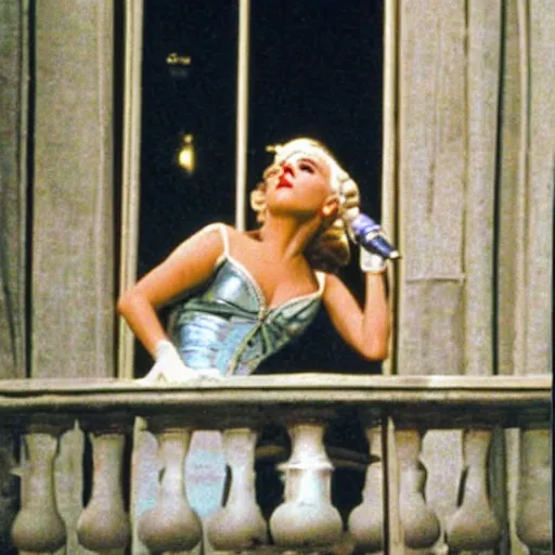 Image similar to lady gaga in Evita 1996, singing on the balcony