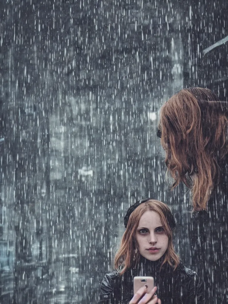 Image similar to cute annie leonhart taking a selfie, dunwall city, beautiful face, natural lighting, rainy weather, gothic architecture, natural reflections, model agency, instagram photo, depression atmosphere, shot on iphone 1 3 pro, natural beauty, postprocessing