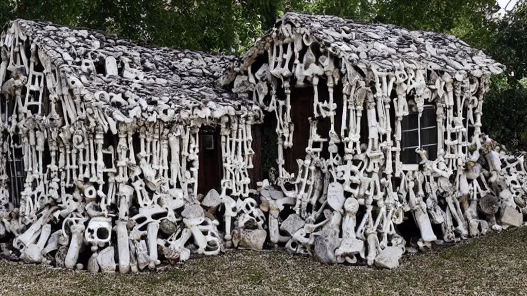 Prompt: photograph of a house made entirely out of bones