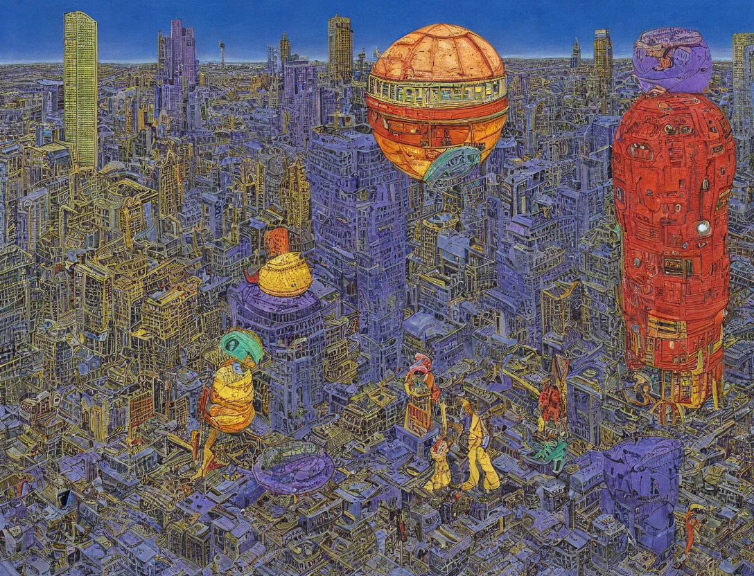 Prompt: ufo encounter in the city, by mati klarwein and moebius