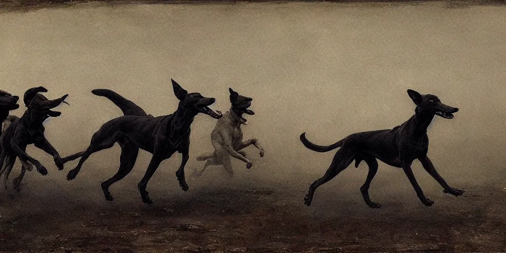 Prompt: black greyhounds running in the night dessert, by john charles dollman, nicola samori and andrew wyeth. highly detailed, realistic. dark atmosphere