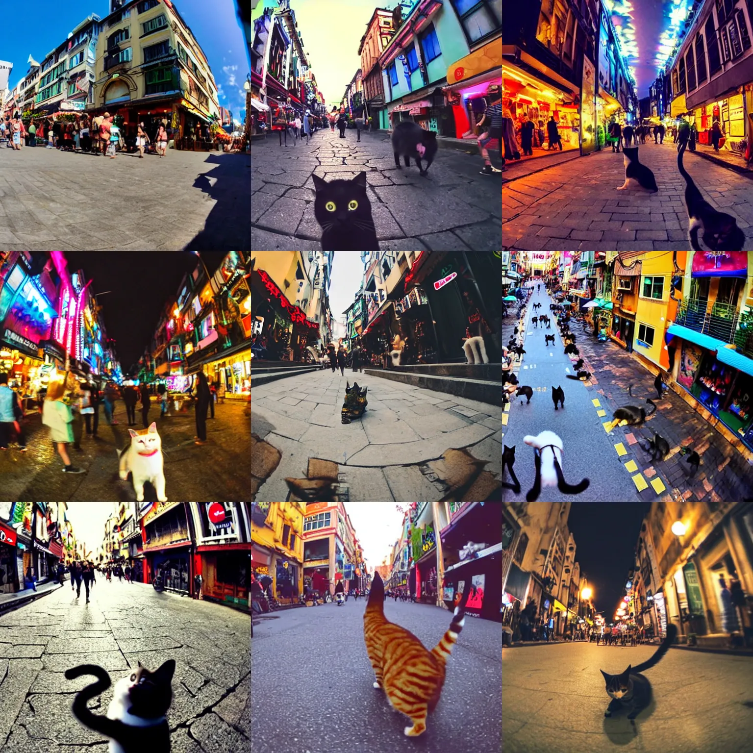 Prompt: gopro pov of a cat walking street.