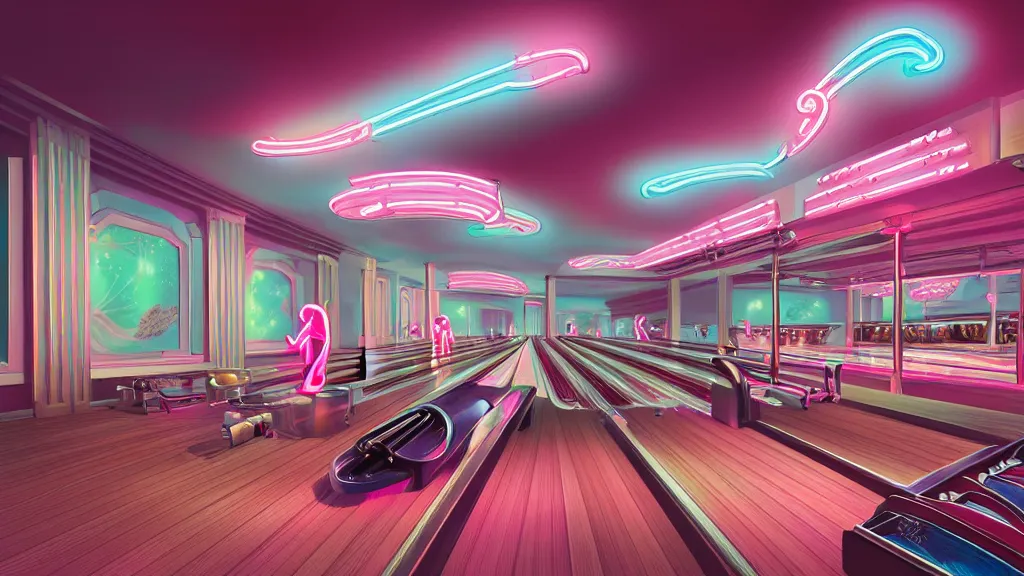 Image similar to art deco bowling alley, neon flamingo, ultra detail, photoreal, soft moonlight lighting, realistic, wide angle, sharp focus, 8 k high definition, insanely detailed, intricate, elegant, art by artgerm and wlop