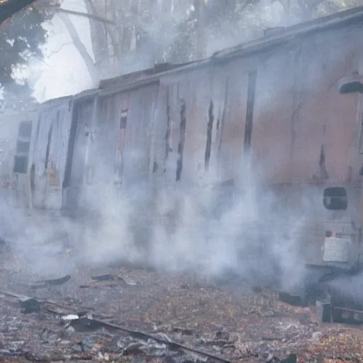 Image similar to trainwreck, boxcar on fire, atmospheric and depressed, post-apocalyptic, Cinematic, film still from a horror movie