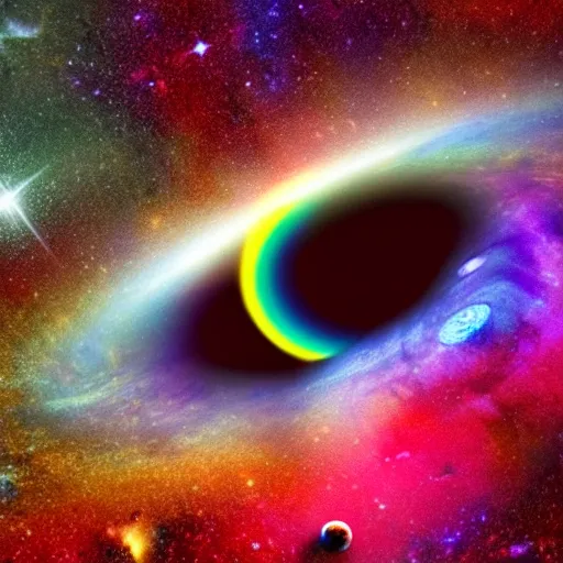 Prompt: galaxy with colorful planets being sucked into a black hole dramatic lighting 4k