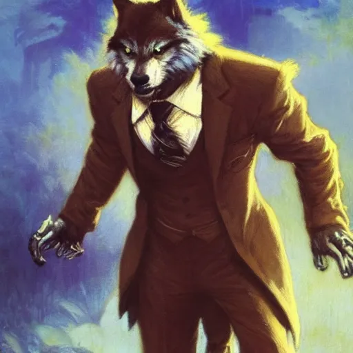 Prompt: wolfman wolf furry in a suit, gaston bussiere, artgerm, greg rutkowski, john berkey, ruan jia, jack kirby, marvel